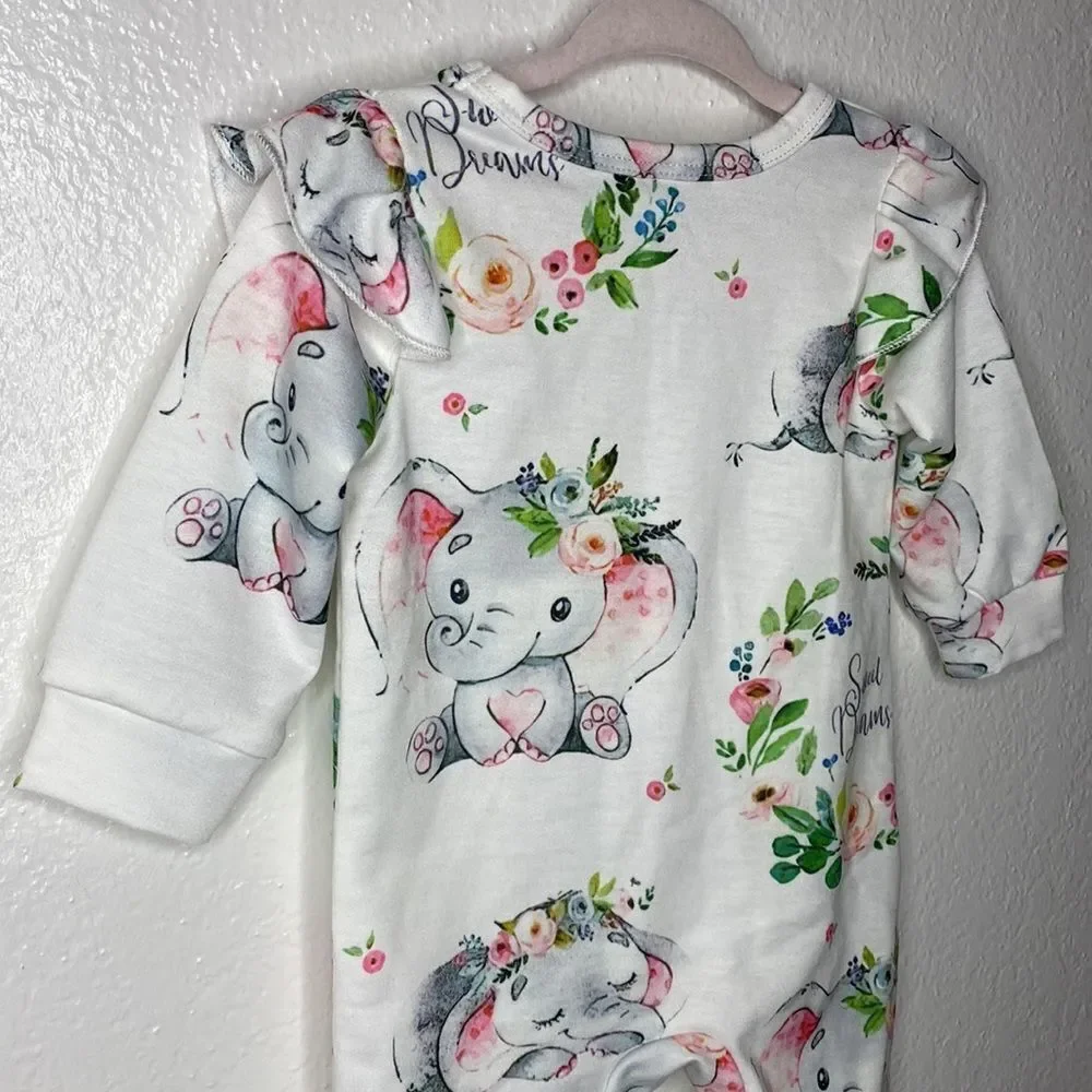 SHEIN Adorable Elephant Sweet Dreams Print Ruffle Onesie 3-6M